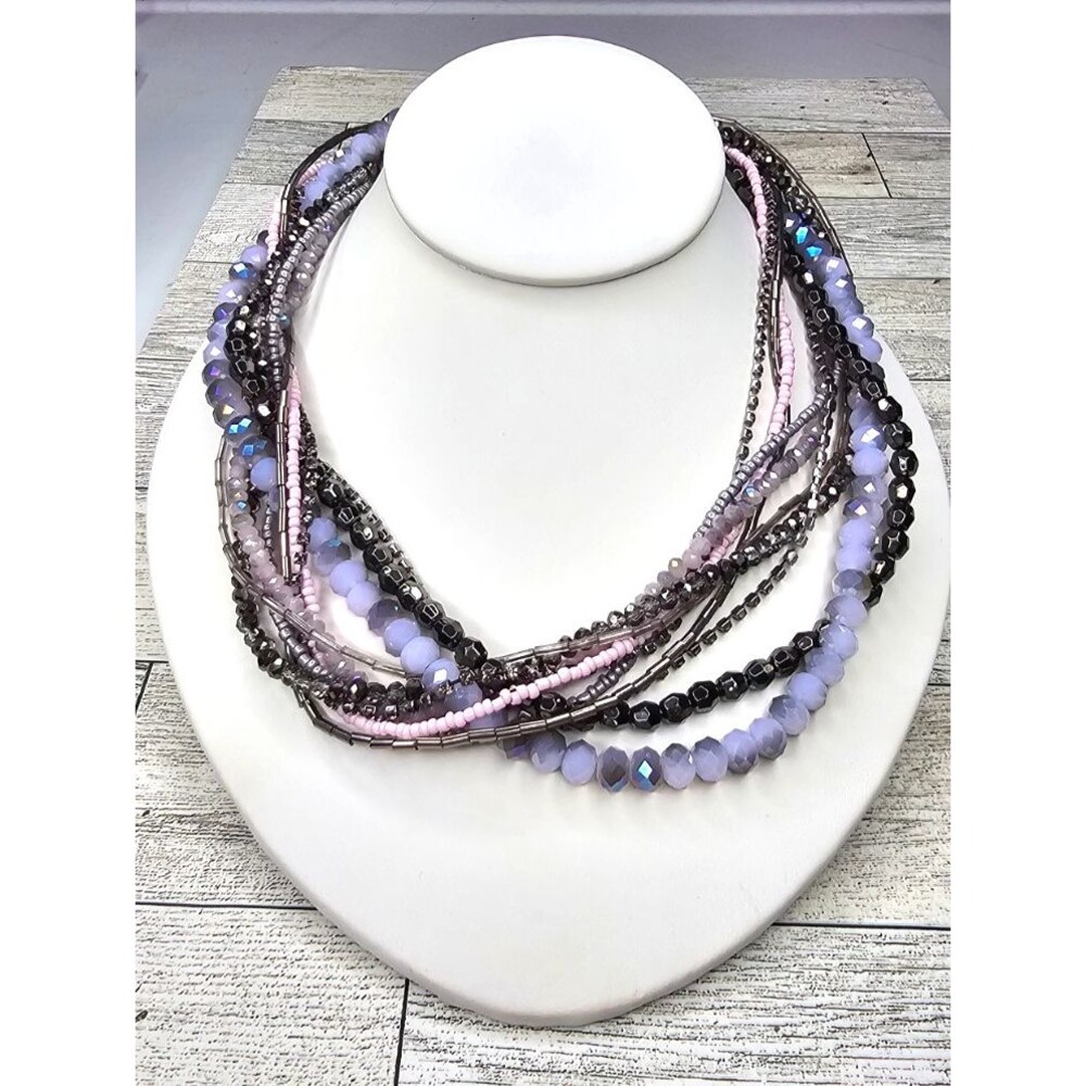 Charming Charlie Multi Strand Necklace Smoky Grey Purple Pink Beaded 18"L